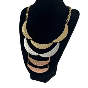 Hammered Copper Brass Silver Tone Bib Necklace Statement Brutalist Metal 15-19"